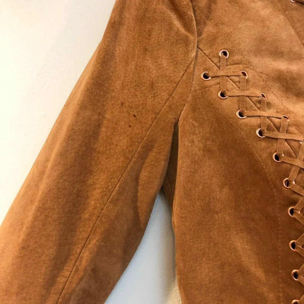 NEW Intermix Leather Lace Up Long Sleeve V Neck Mini Dress Small FLAWED - Picture 4 of 11